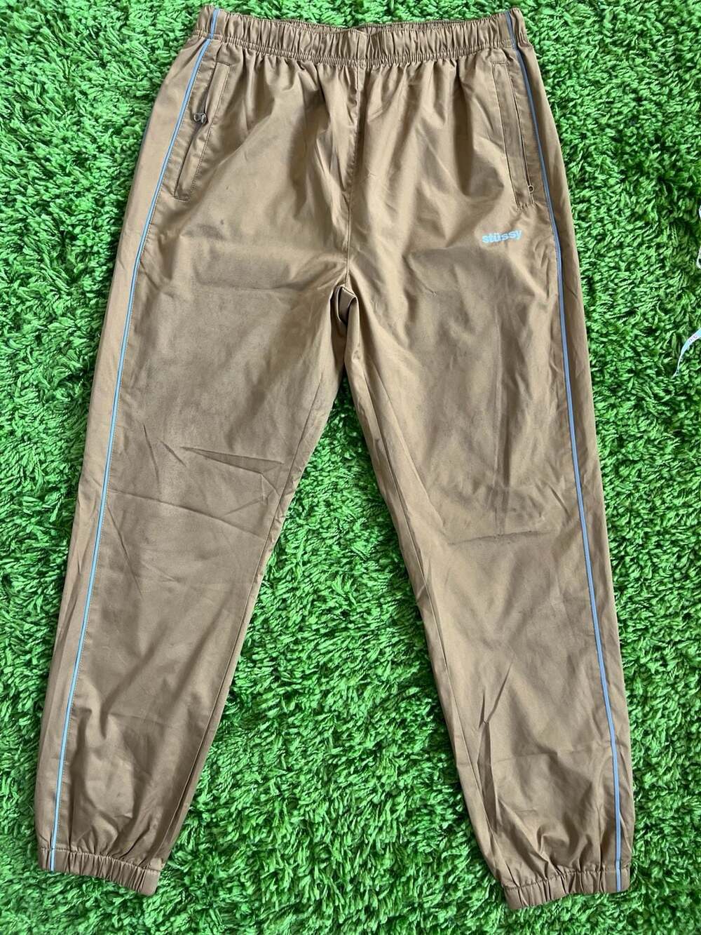 Stüssy Men's Brown Nylon Track Pants with Piping Detail